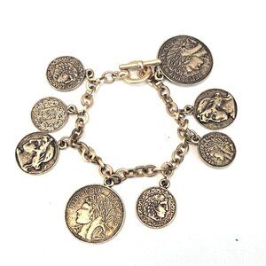 Vintage Republic Francaise Gold Tone French Coin 7.5" Charm Bracelet